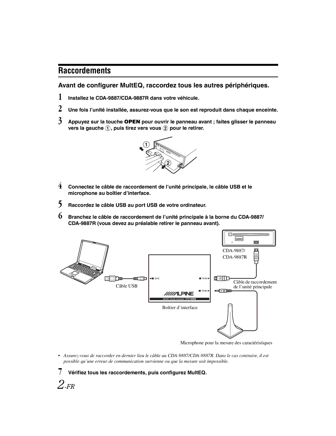 Alpine KTX-100EQ owner manual Raccordements, Vérifiez tous les raccordements, puis configurez MultEQ 