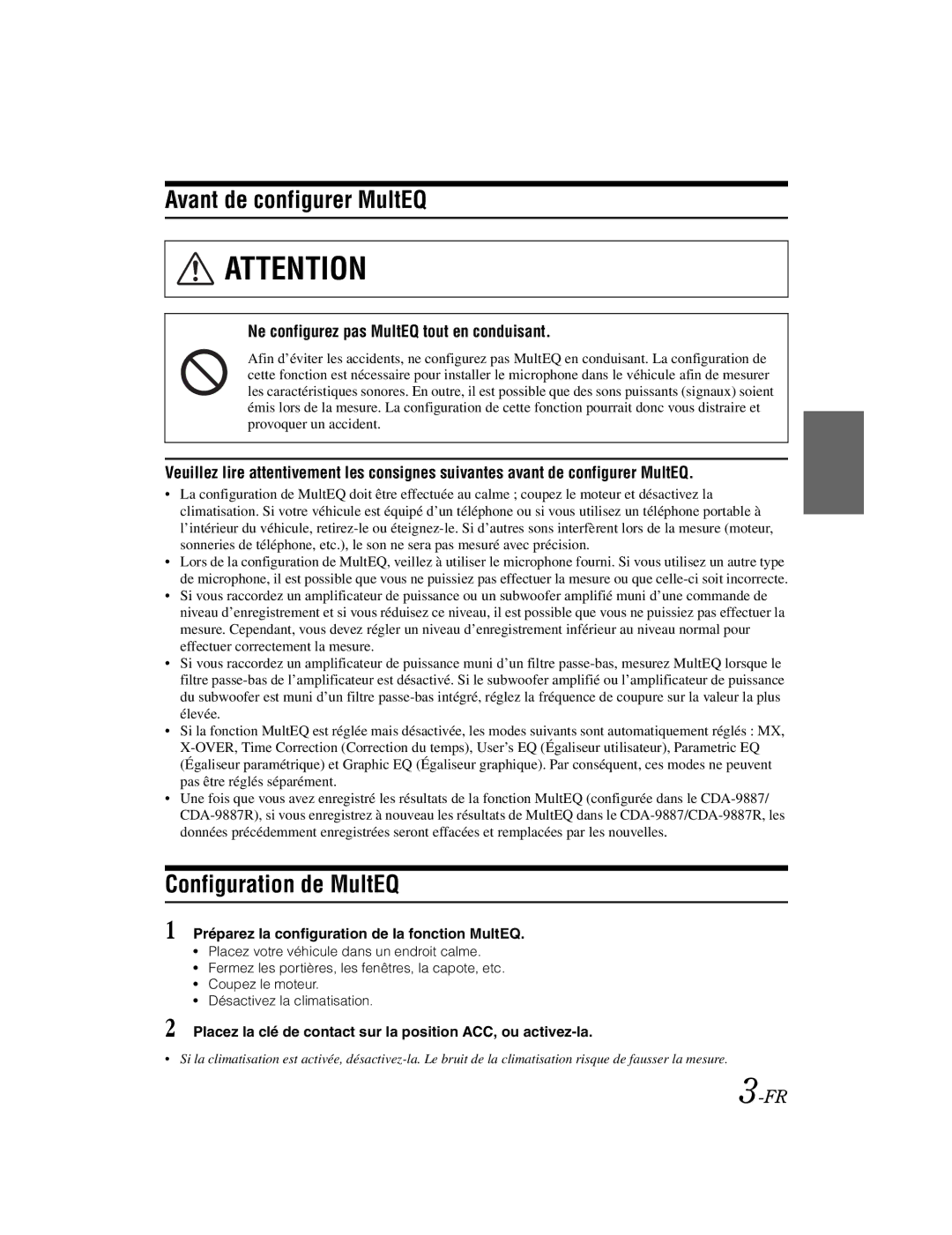 Alpine KTX-100EQ Avant de configurer MultEQ, Configuration de MultEQ, Préparez la configuration de la fonction MultEQ 