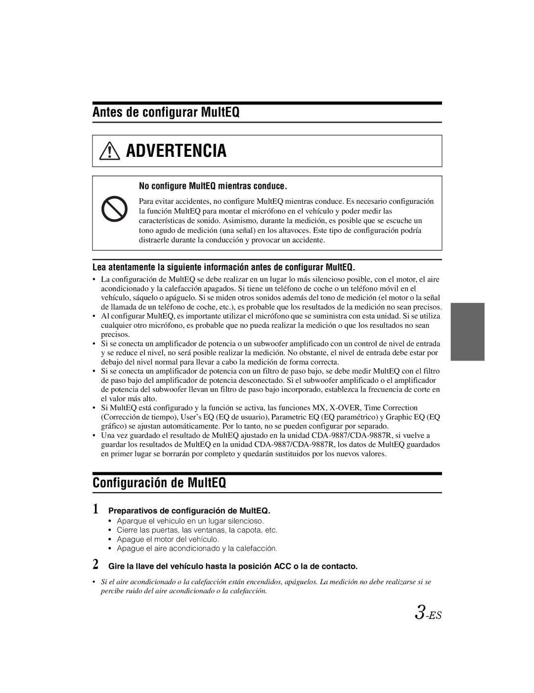 Alpine KTX-100EQ owner manual Antes de configurar MultEQ, Configuración de MultEQ, Preparativos de configuración de MultEQ 