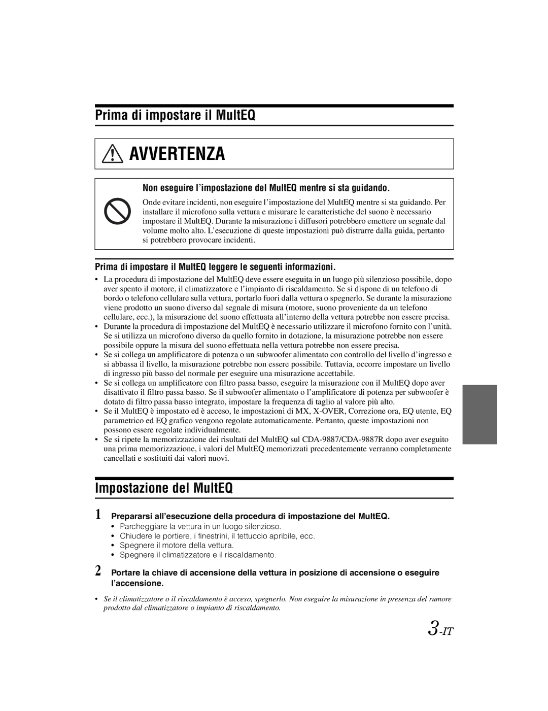 Alpine KTX-100EQ owner manual Prima di impostare il MultEQ, Impostazione del MultEQ 