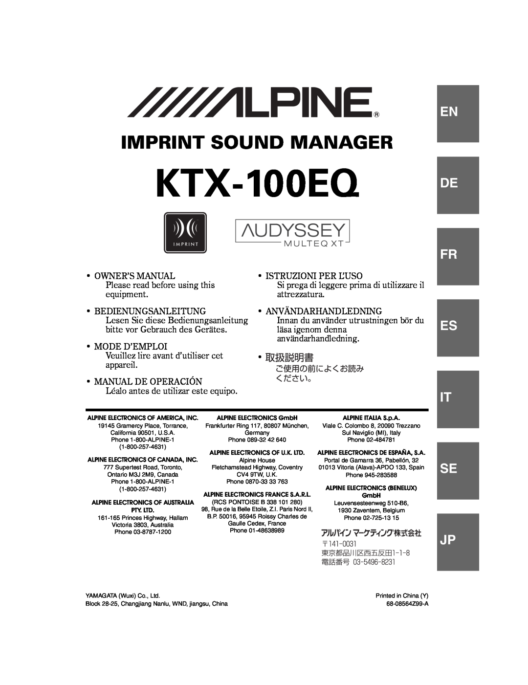 Alpine KTX-100EQ owner manual Imprint Sound Manager, De Fr, Es It, Se Jp 