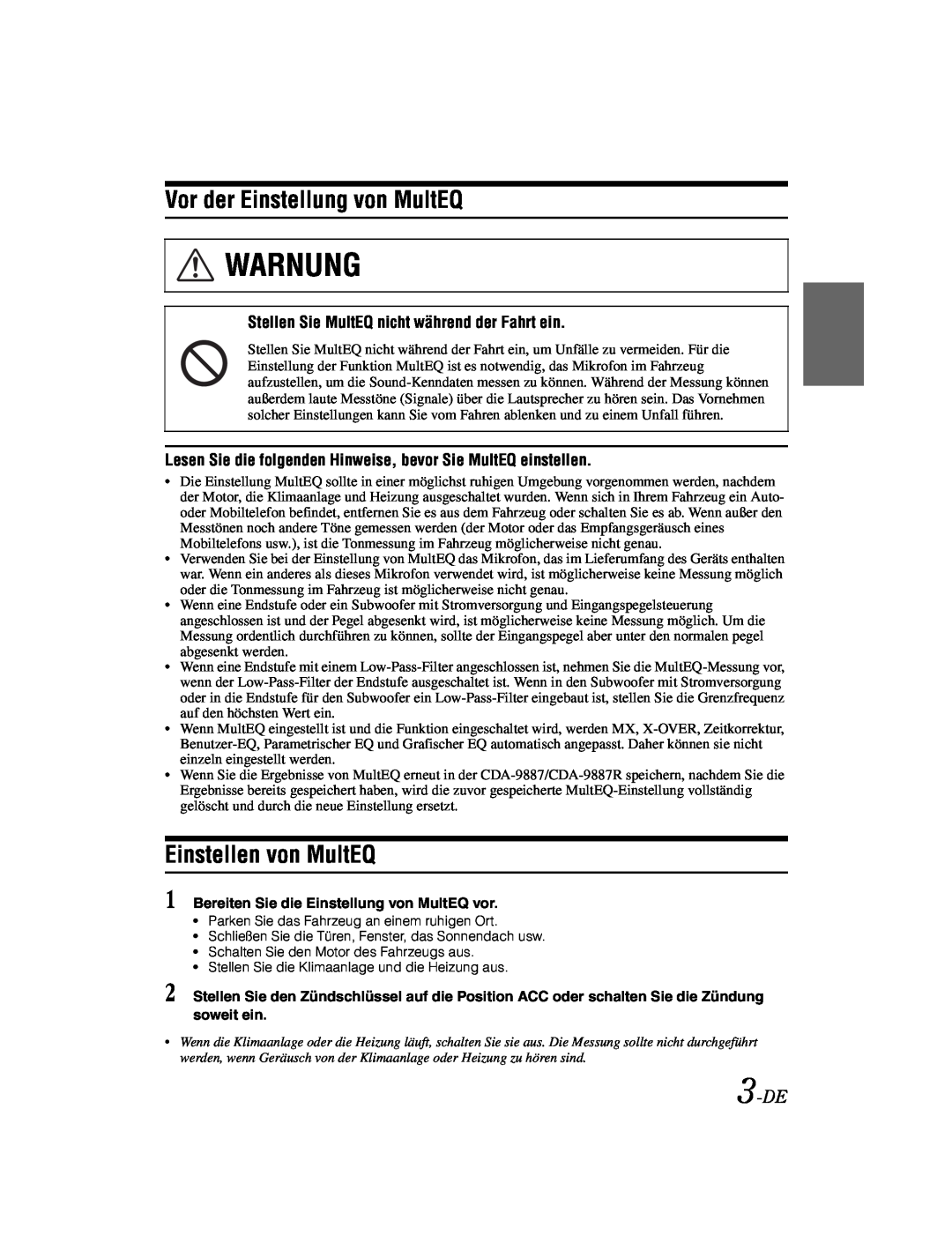 Alpine KTX-100EQ owner manual Warnung, Vor der Einstellung von MultEQ, Einstellen von MultEQ, 3-DE 