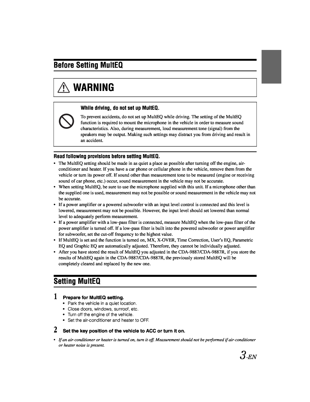 Alpine KTX-100EQ owner manual Before Setting MultEQ, 3-EN, While driving, do not set up MultEQ 