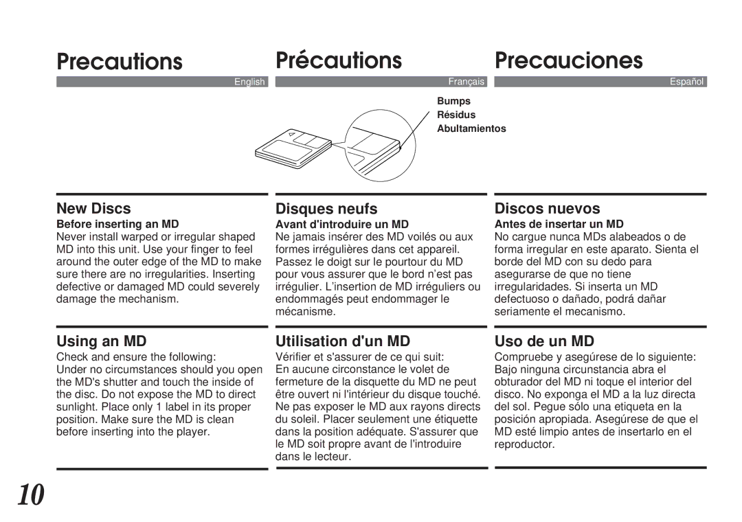 Alpine MDA-7755 owner manual Précautions Precauciones, Bumps Résidus Abultamientos 