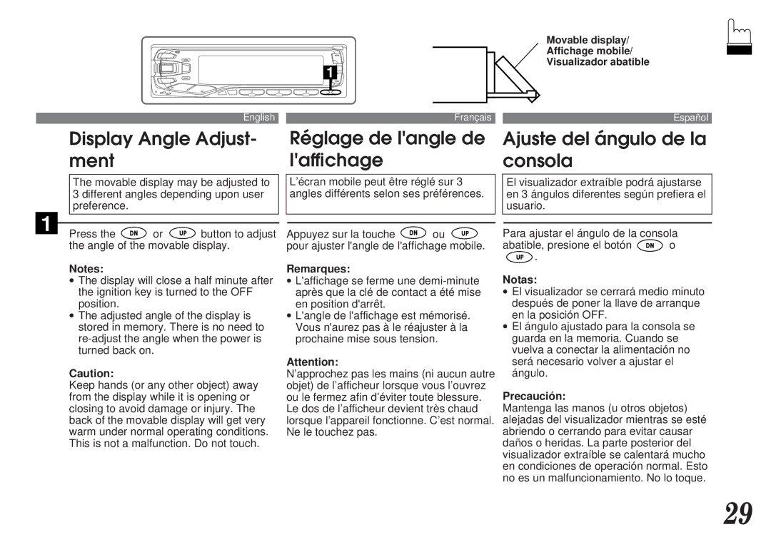 Alpine MDA-7755 Display Angle Adjust- ment, Movable display, Affichage mobile, Visualizador abatible, Precaución 