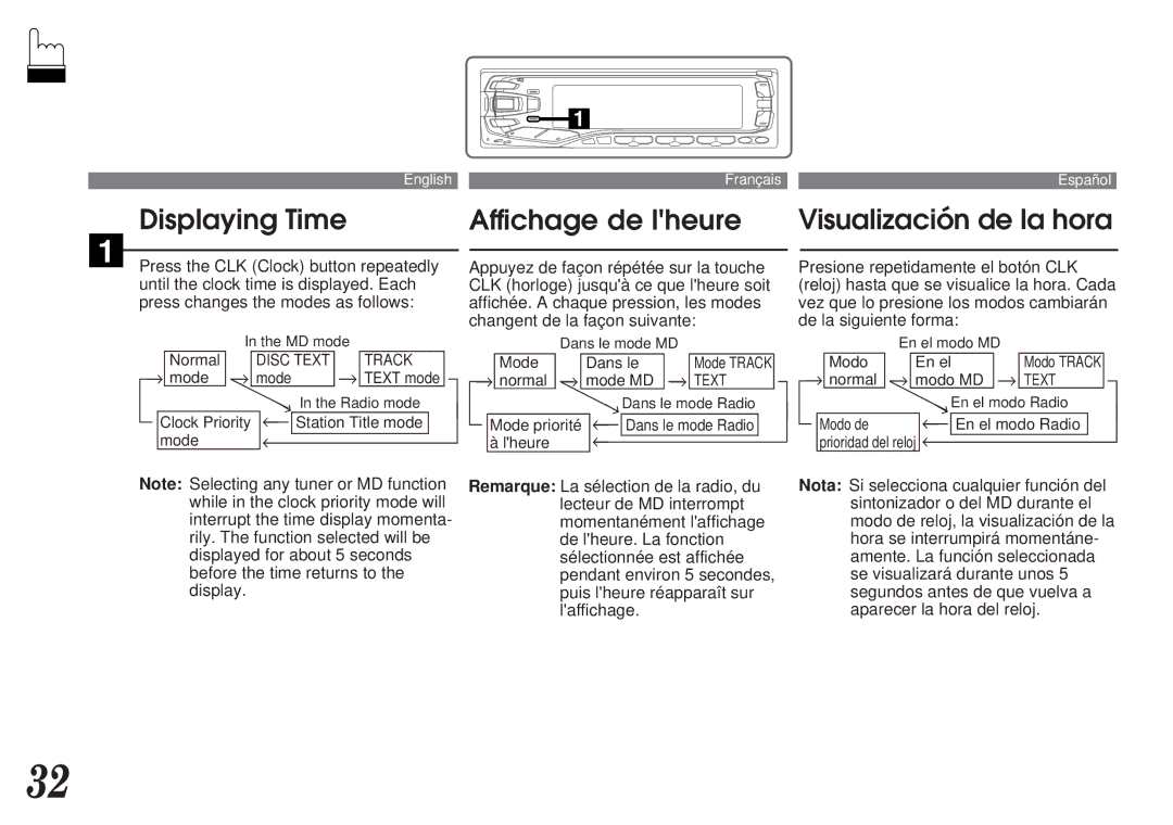 Alpine MDA-7755 owner manual Displaying Time Visualización de la hora Affichage de lheure 