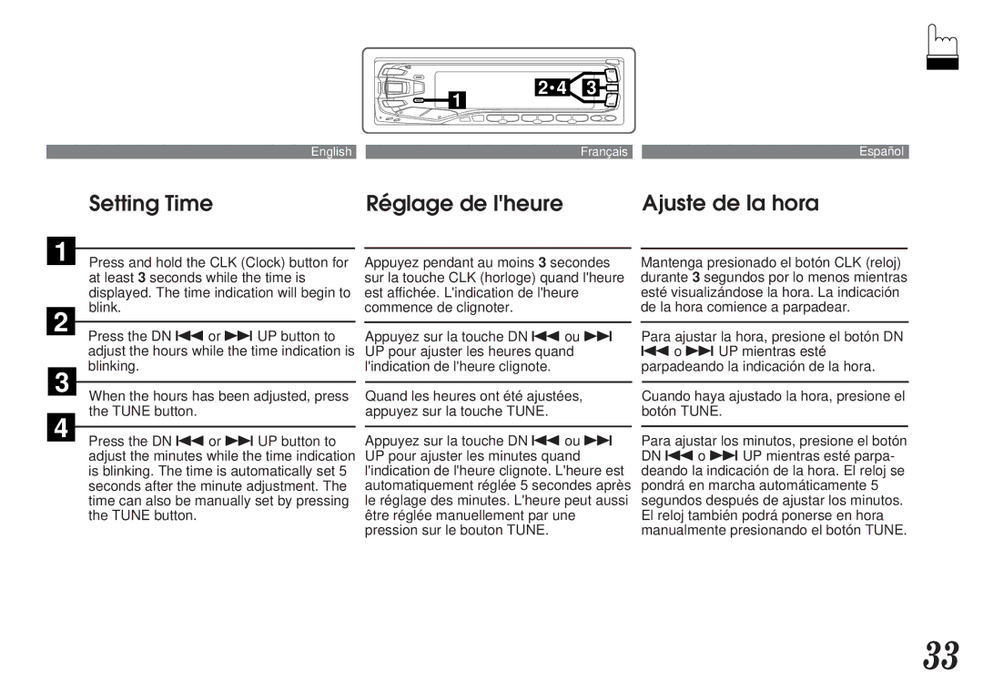 Alpine MDA-7755 owner manual Setting Time Réglage de lheure Ajuste de la hora 