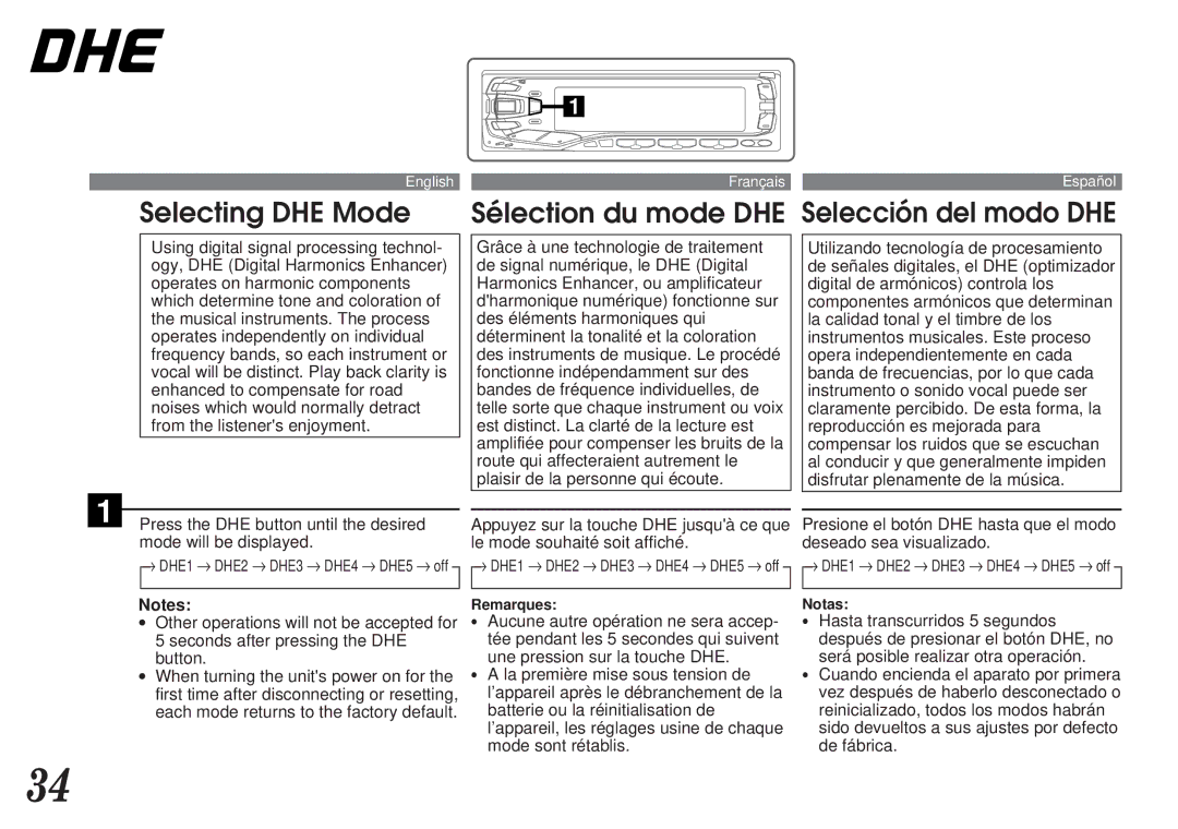 Alpine MDA-7755 owner manual Selecting DHE Mode Sélection du mode DHE 