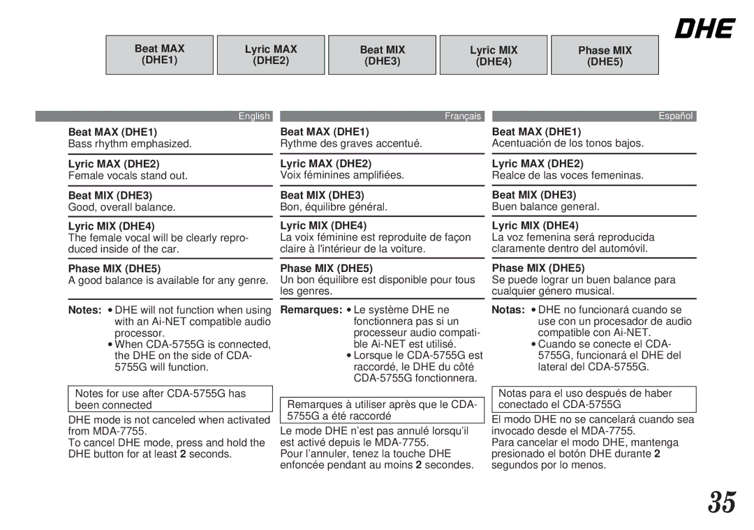 Alpine MDA-7755 owner manual Beat MAX DHE1, Lyric MAX DHE2, Beat MIX DHE3, Lyric MIX DHE4, Phase MIX DHE5 