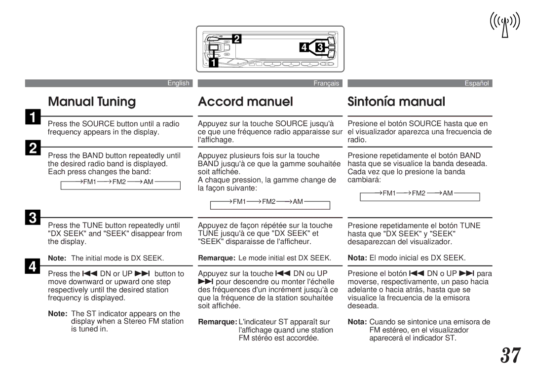 Alpine MDA-7755 owner manual Manual Tuning, Accord manuel Sintonía manual 