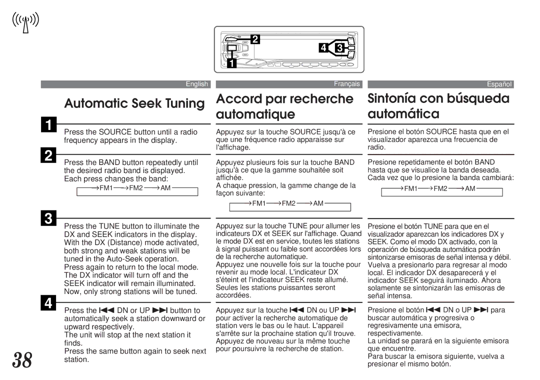 Alpine MDA-7755 owner manual Automatic Seek Tuning, Accord par recherche automatique, Sintonía con búsqueda automática 