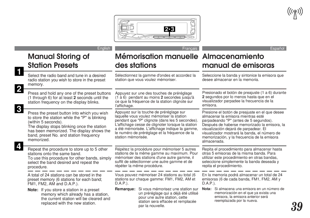 Alpine MDA-7755 Manual Storing Station Presets, Mémorisation manuelle des stations, Almacenamiento manual de emisoras 