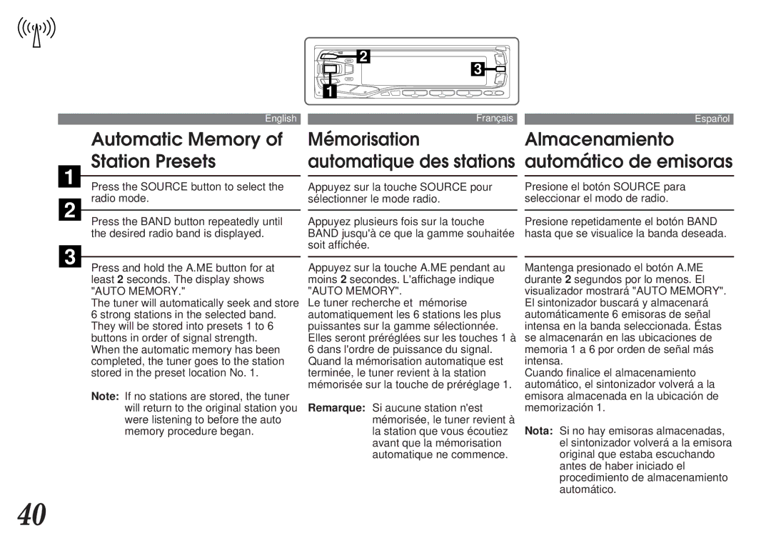 Alpine MDA-7755 owner manual Automatic Memory of Station Presets, Almacenamiento automático de emisoras 