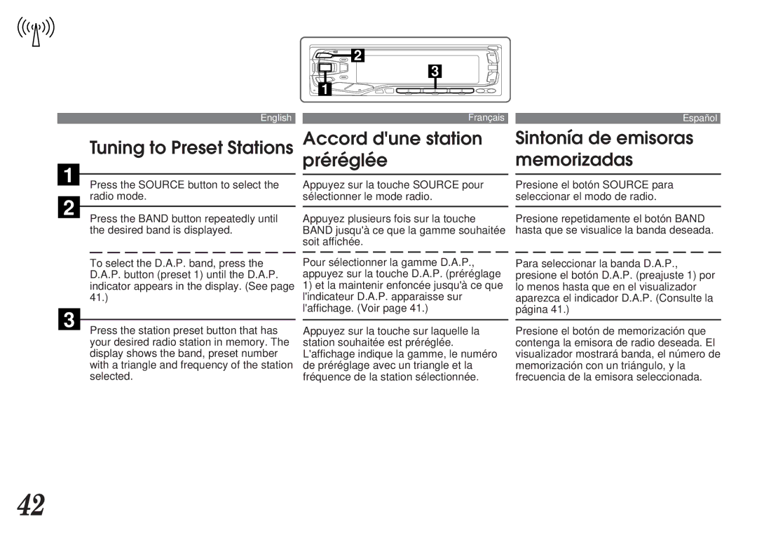 Alpine MDA-7755 owner manual Tuning to Preset Stations, Accord dune station préréglée, Sintonía de emisoras memorizadas 