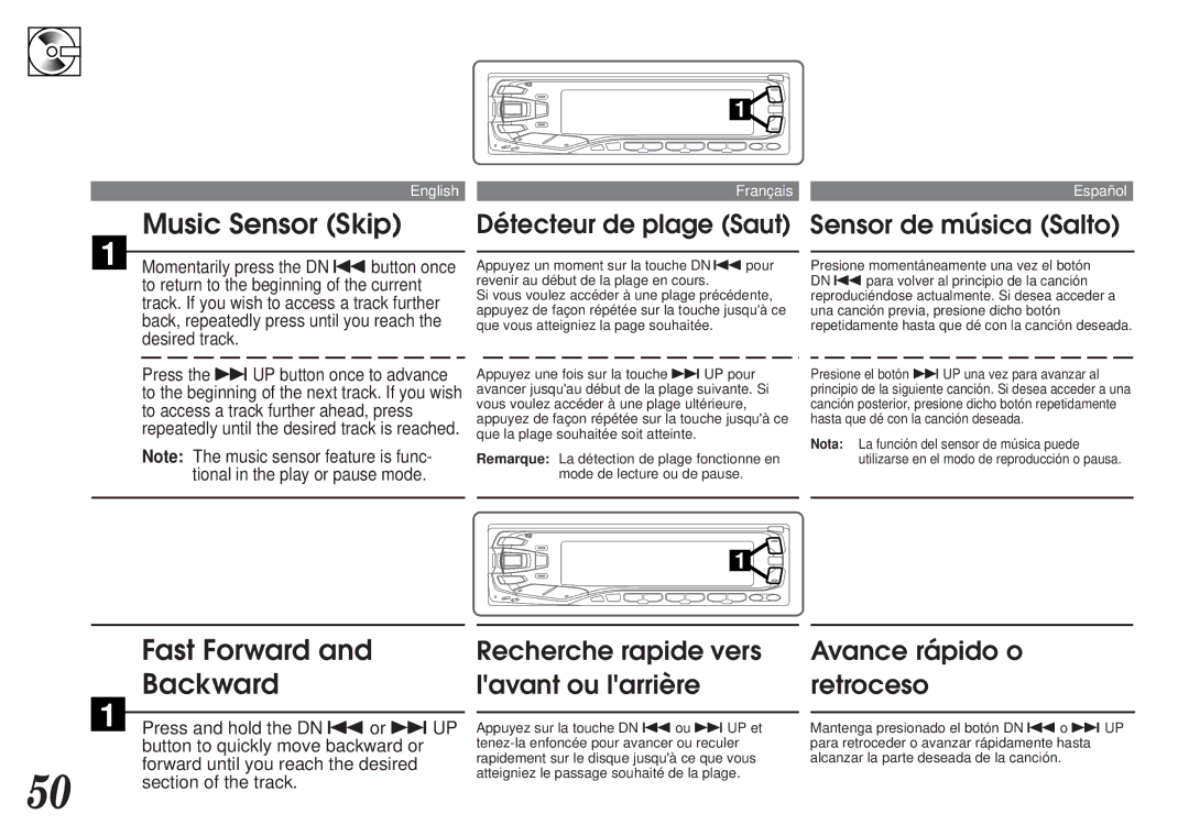 Alpine MDA-7755 owner manual Music Sensor Skip, Fast Forward Backward 