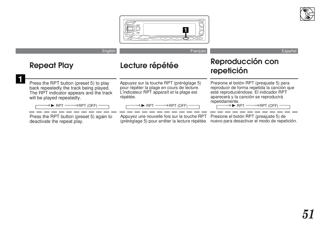 Alpine MDA-7755 owner manual Repeat Play, Lecture répétée Reproducción con Repetición 
