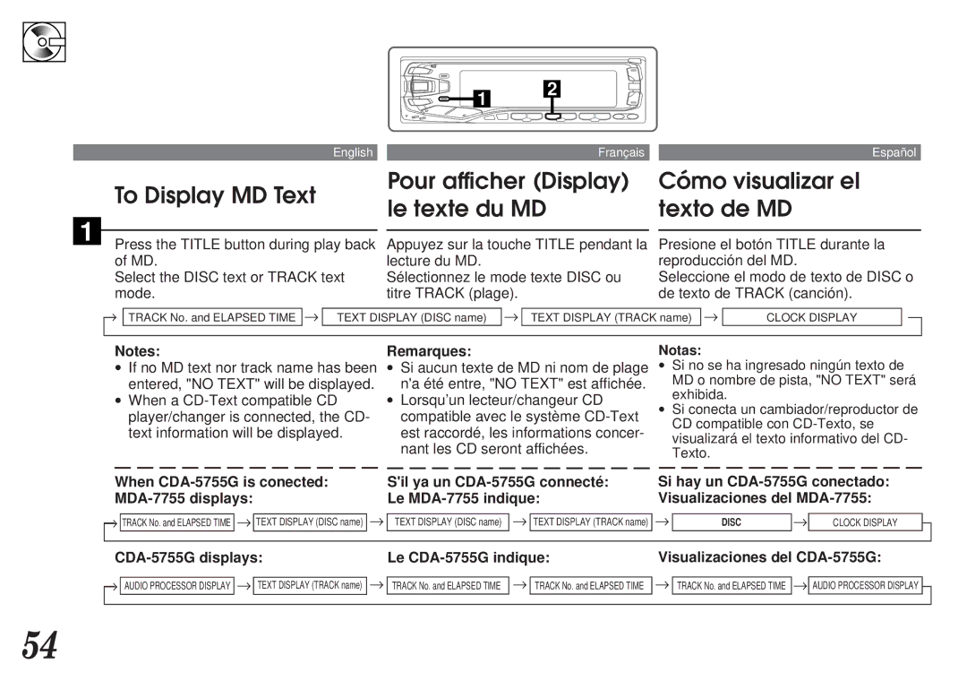 Alpine MDA-7755 owner manual To Display MD Text, Pour afficher Display le texte du MD, Cómo visualizar el texto de MD 