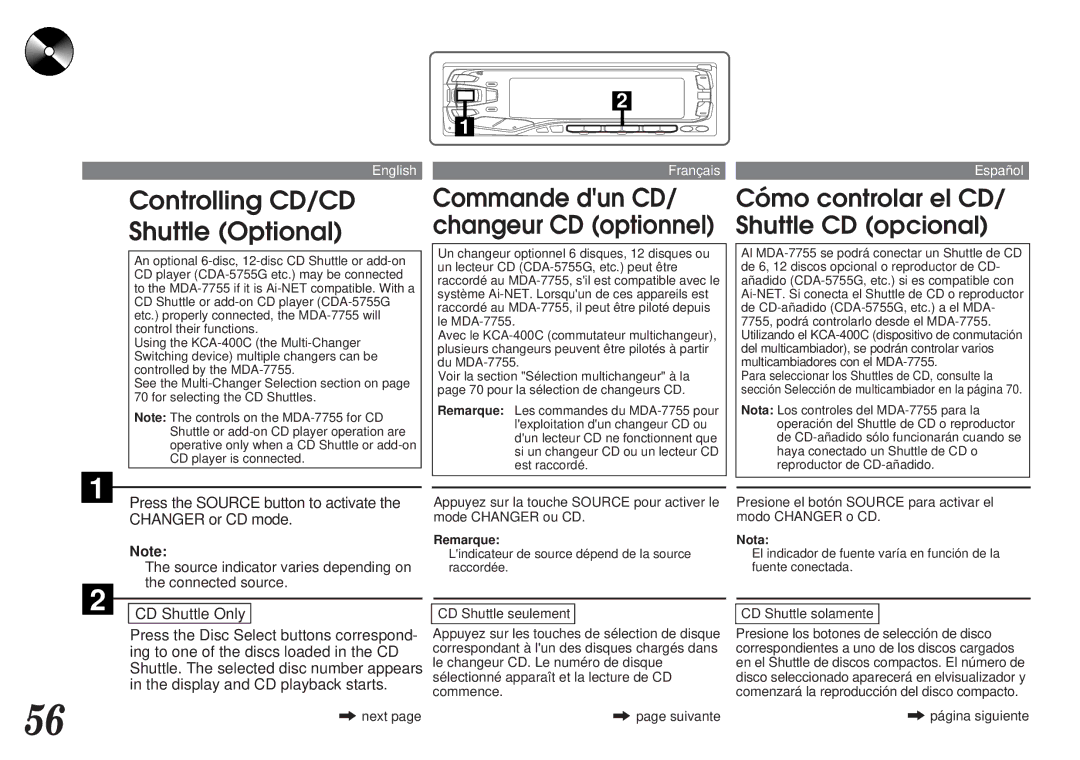 Alpine MDA-7755 owner manual Controlling CD/CD Shuttle Optional, Cómo controlar el CD/ Shuttle CD opcional 