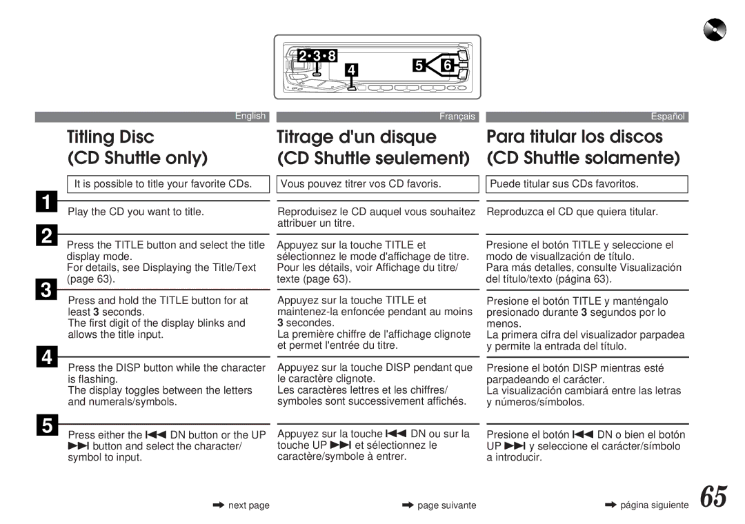 Alpine MDA-7755 owner manual Titling Disc CD Shuttle only, Titrage dun disque CD Shuttle seulement 