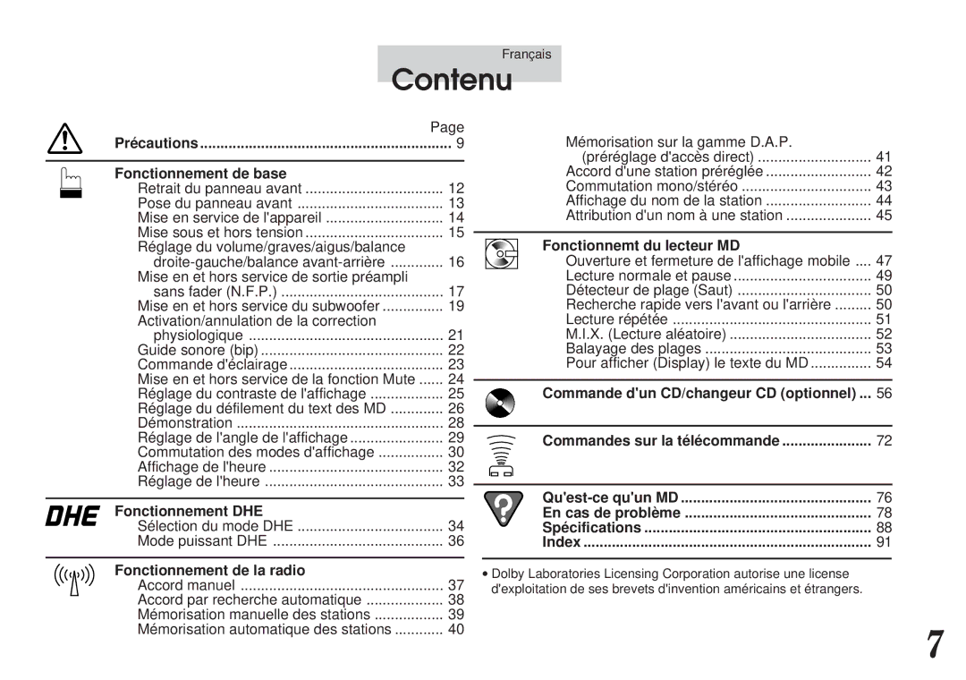 Alpine MDA-7755 owner manual Contenu, Précautions Fonctionnement de base 