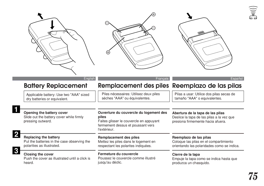 Alpine MDA-7755 owner manual Opening the battery cover, Ouverture du couvercle du logement des piles, Closing the cover 