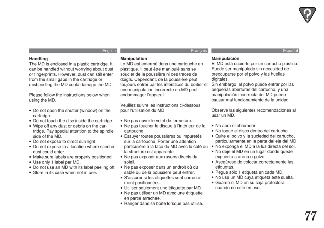 Alpine MDA-7755 owner manual Handling, Manipulation, Manipulación 