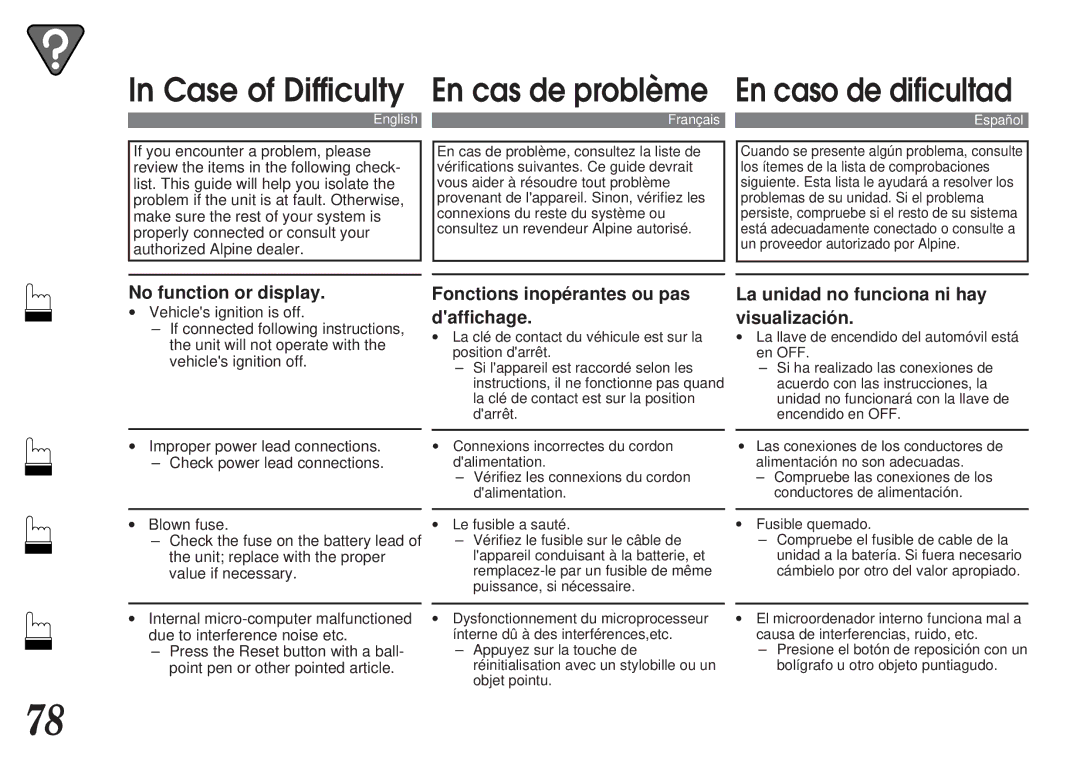 Alpine MDA-7755 owner manual Case of Difficulty 