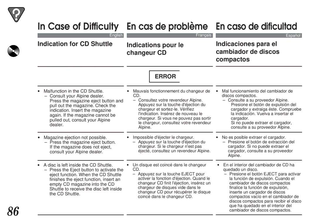 Alpine MDA-7755 owner manual Mal funcionamiento del cambiador de 