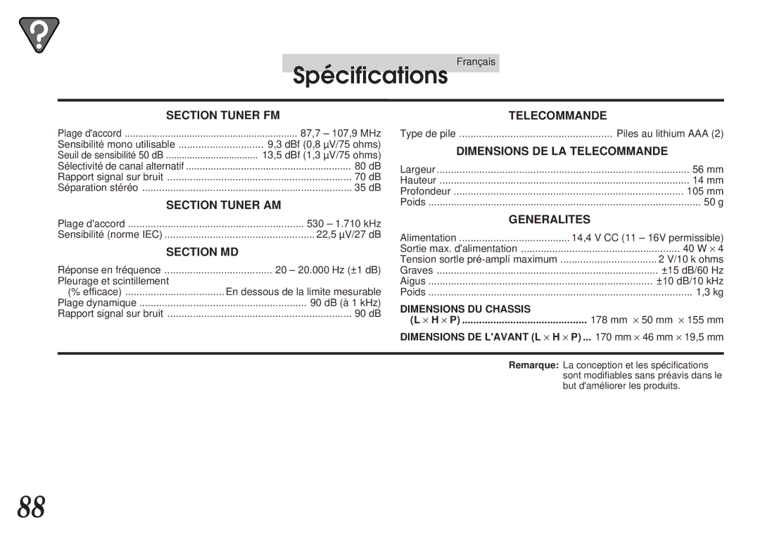 Alpine MDA-7755 owner manual Spécifications, Section Tuner FM 