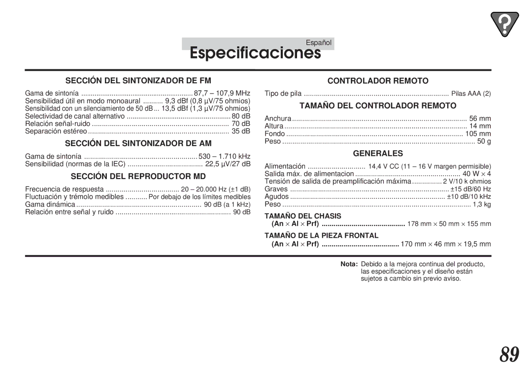 Alpine MDA-7755 owner manual Especificaciones, Sección DEL Sintonizador DE FM 