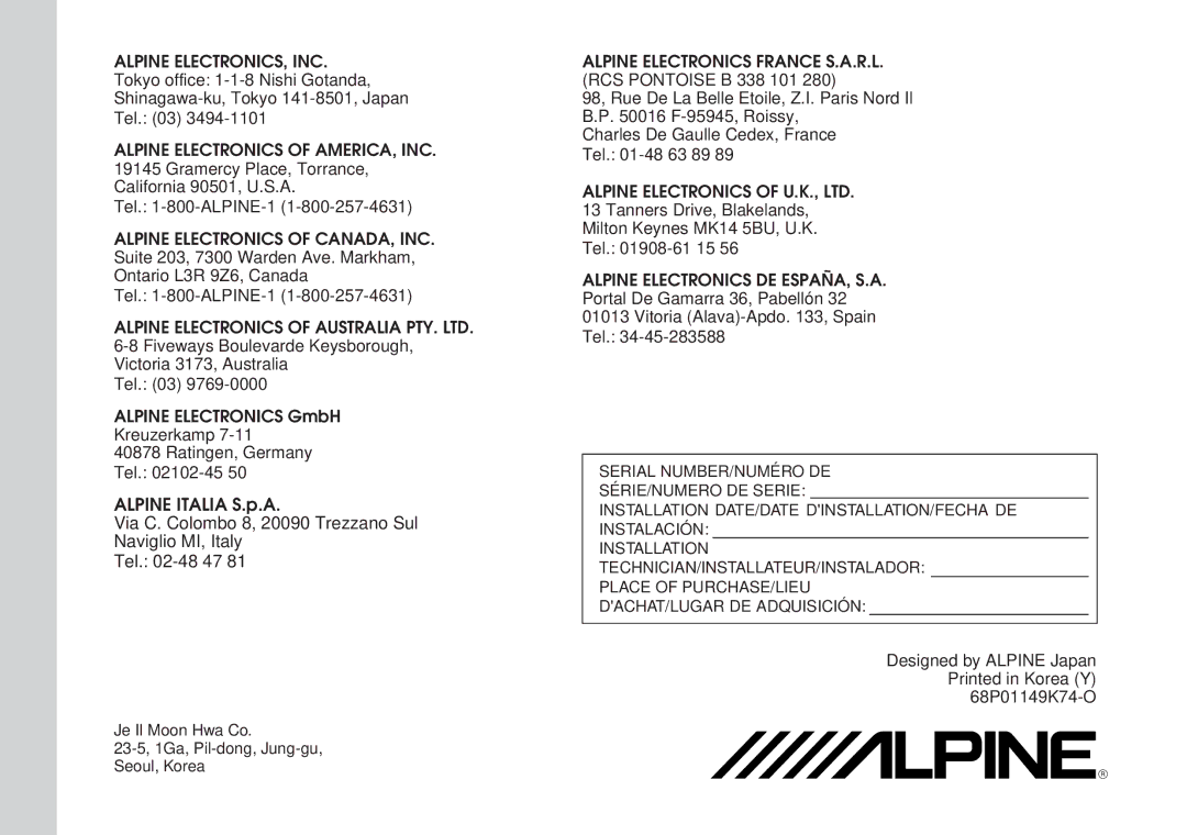 Alpine MDA-7755 owner manual Alpine ELECTRONICS, INC 