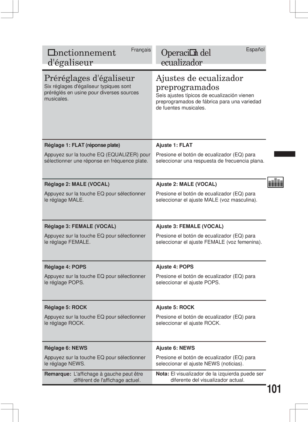 Alpine MDA-W890 owner manual 101, Préréglages dégaliseur, Ajustes de ecualizador preprogramados 