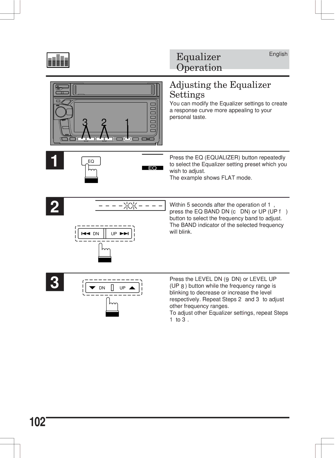 Alpine MDA-W890 owner manual 102, Adjusting the Equalizer, Settings 