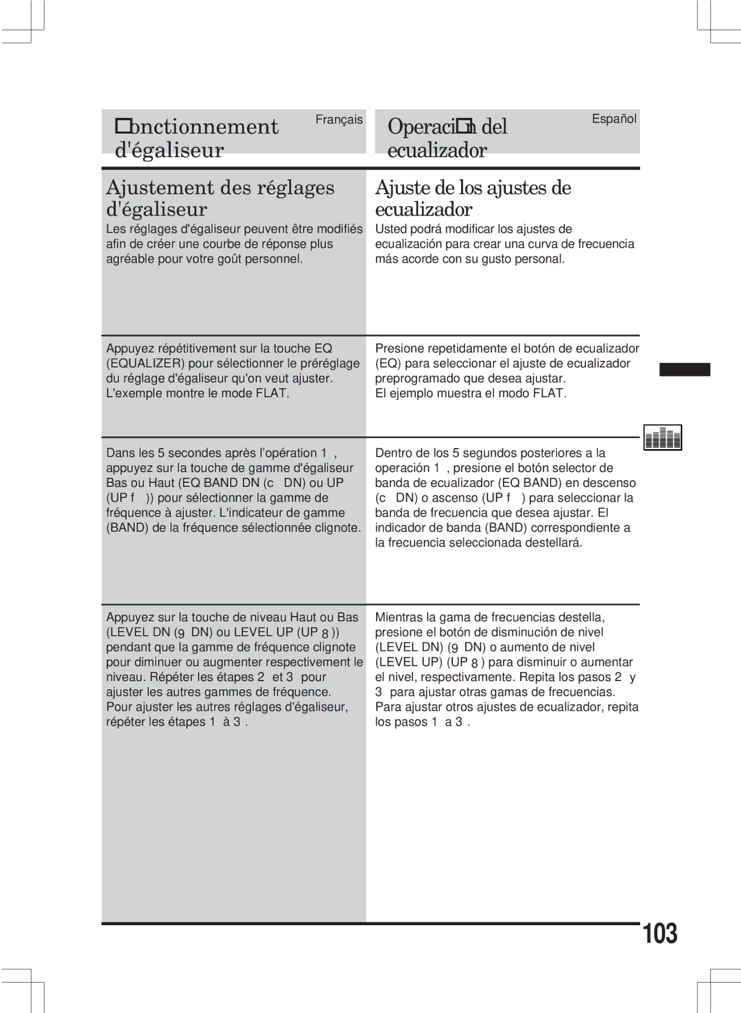 Alpine MDA-W890 owner manual 103, Ajustement des réglages dégaliseur, Ajuste de los ajustes de ecualizador 