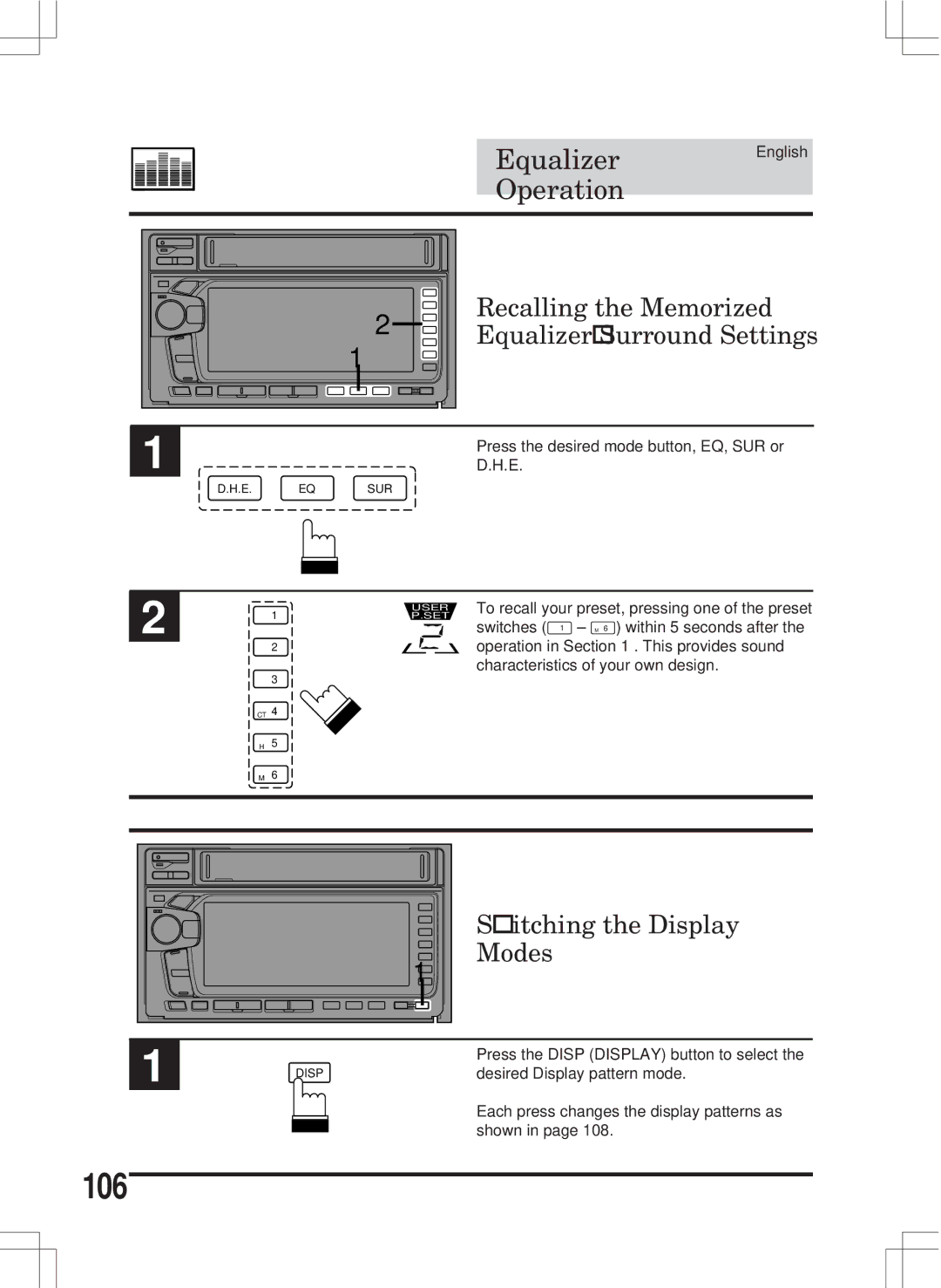 Alpine MDA-W890 owner manual 106, Switching the Display, Modes, Press the desired mode button, EQ, SUR or 