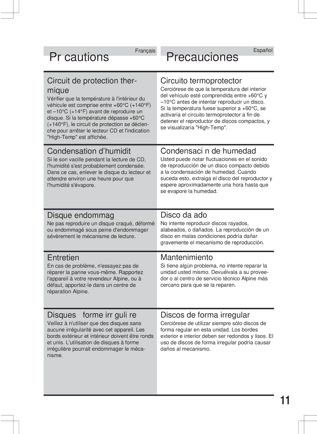 Alpine MDA-W890 owner manual Précautions Français Precauciones Español, Circuit de protection ther- mique 