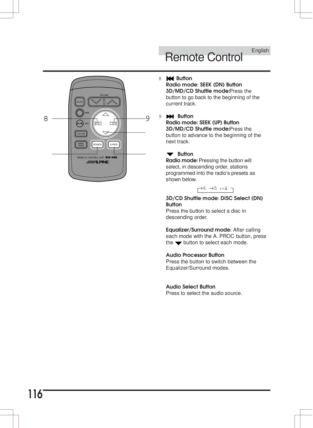 Alpine MDA-W890 owner manual Remote Control, 116 