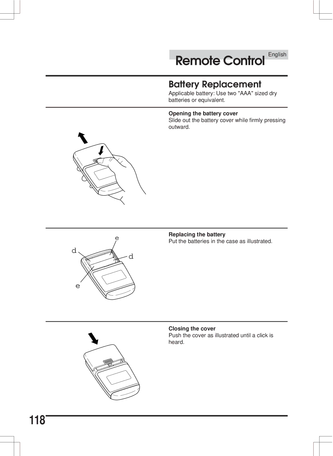 Alpine MDA-W890 owner manual 118, Battery Replacement, Opening the battery cover, Replacing the battery, Closing the cover 