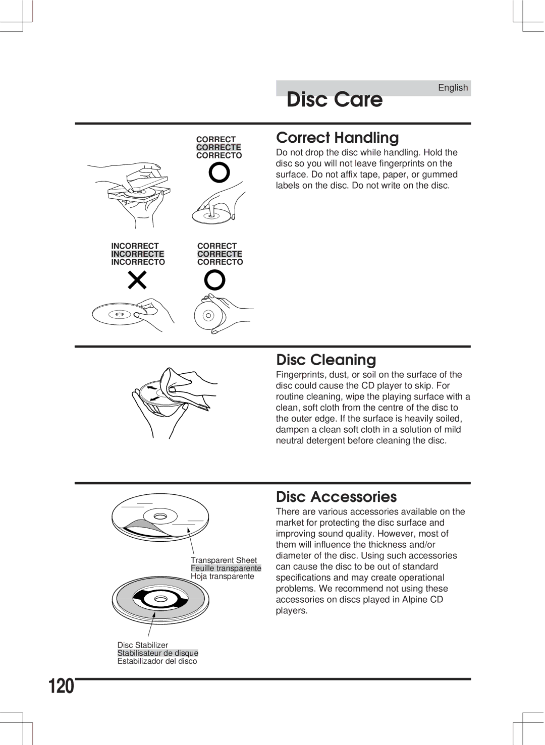 Alpine MDA-W890 owner manual Disc Care, 120, CORRECTCorrect Handling, Disc Cleaning, Disc Accessories 