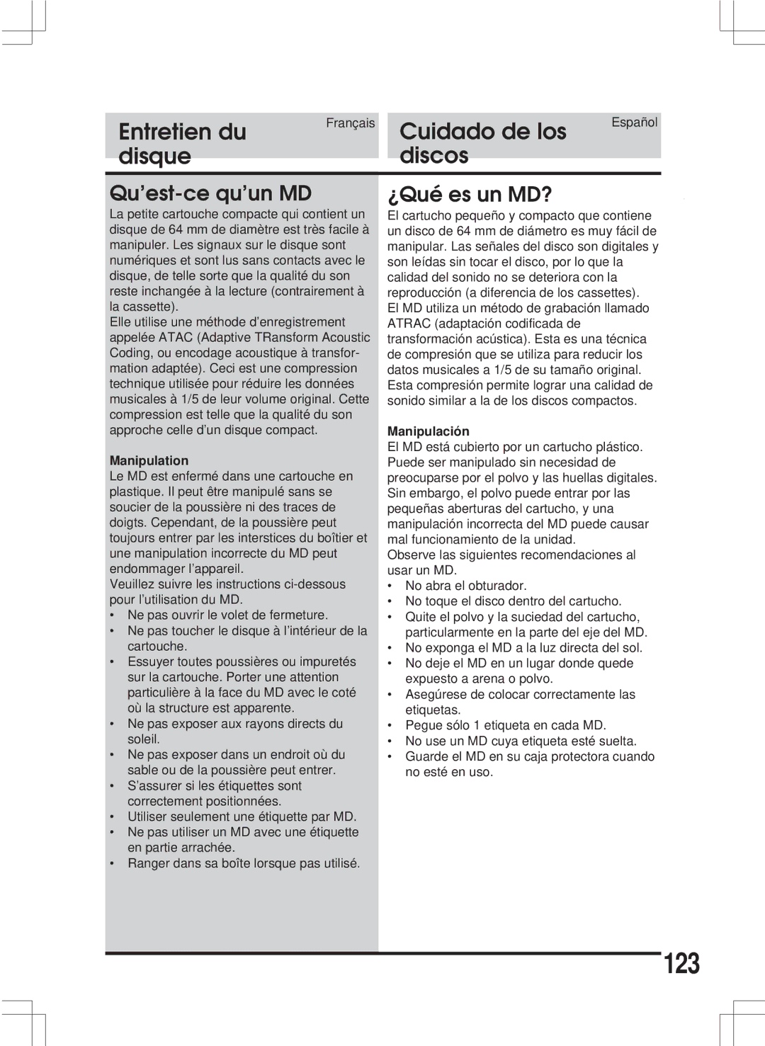 Alpine MDA-W890 owner manual 123, Qu’est-ce qu’un MD, ¿Qué es un MD?, Manipulation, Manipulación 