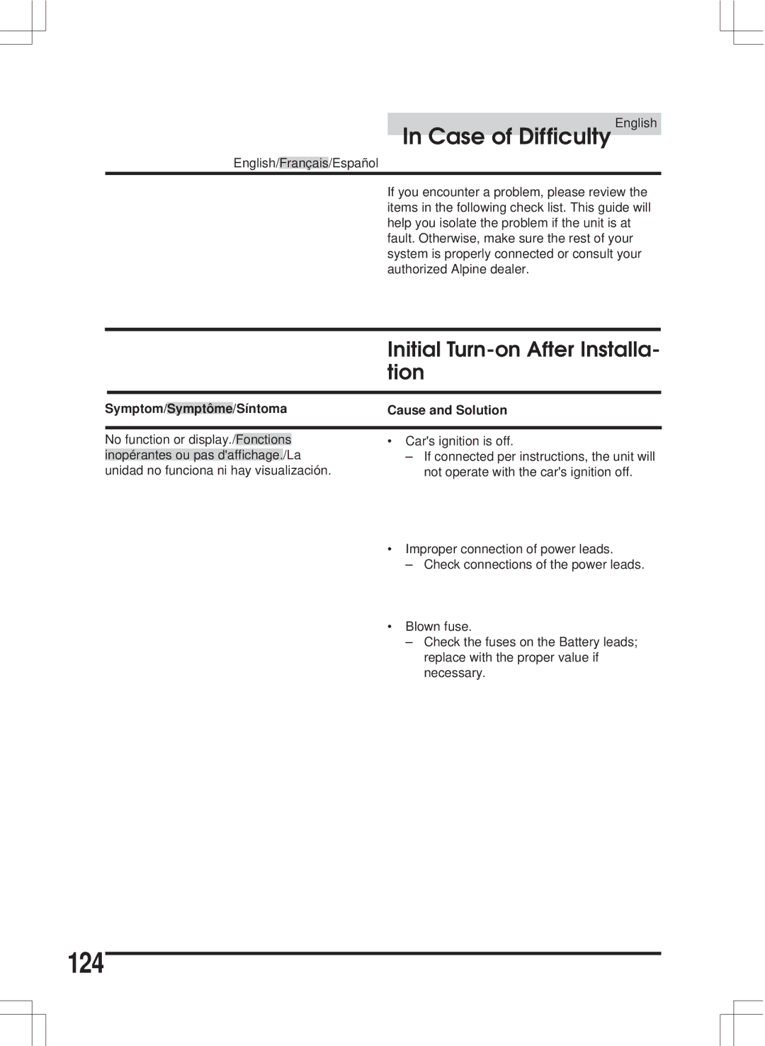 Alpine MDA-W890 owner manual 124, Initial Turn-on After Installa, Tion, Síntoma, Cause and Solution 