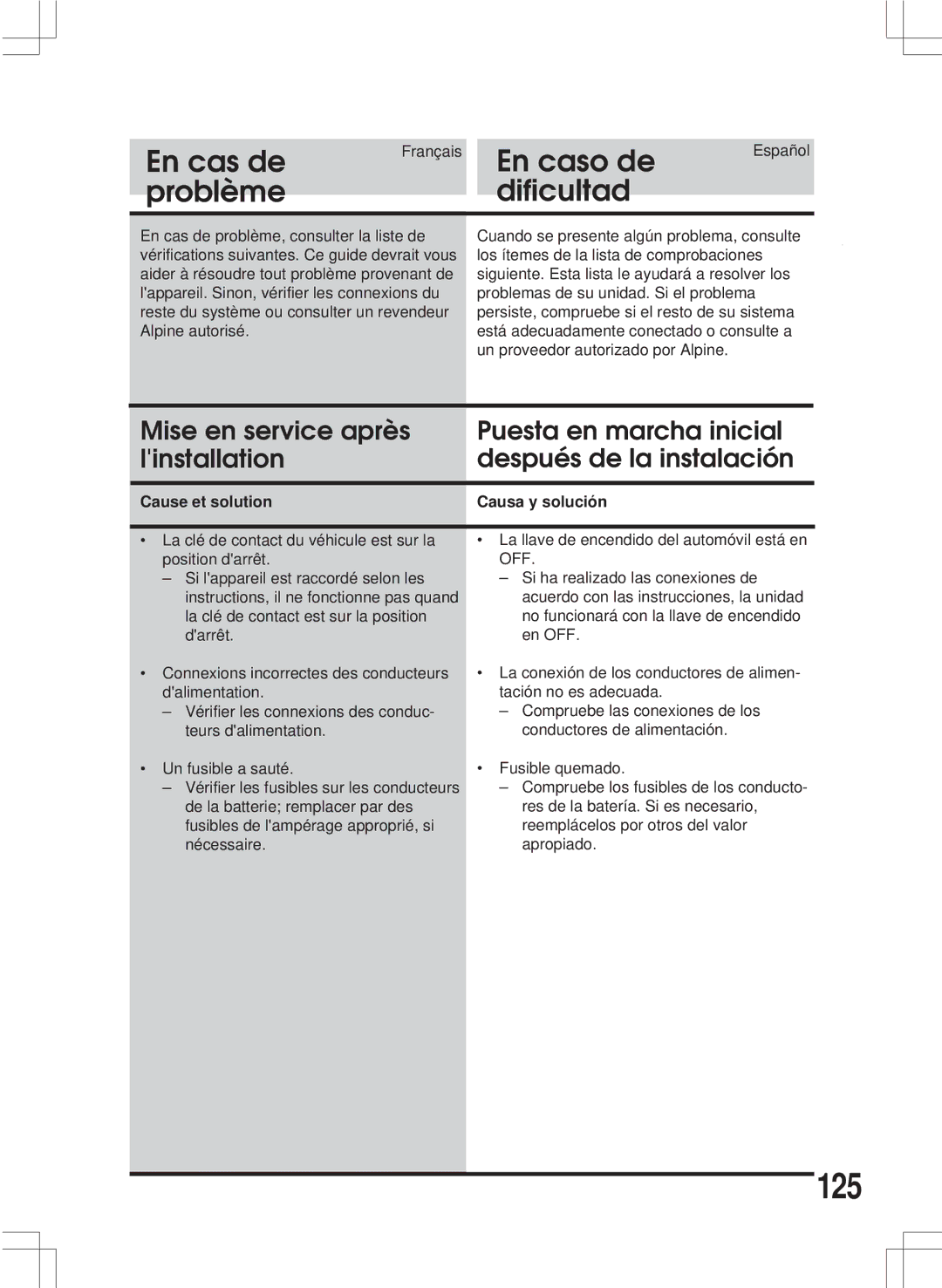 Alpine MDA-W890 owner manual 125, Cause et solution Causa y solución 