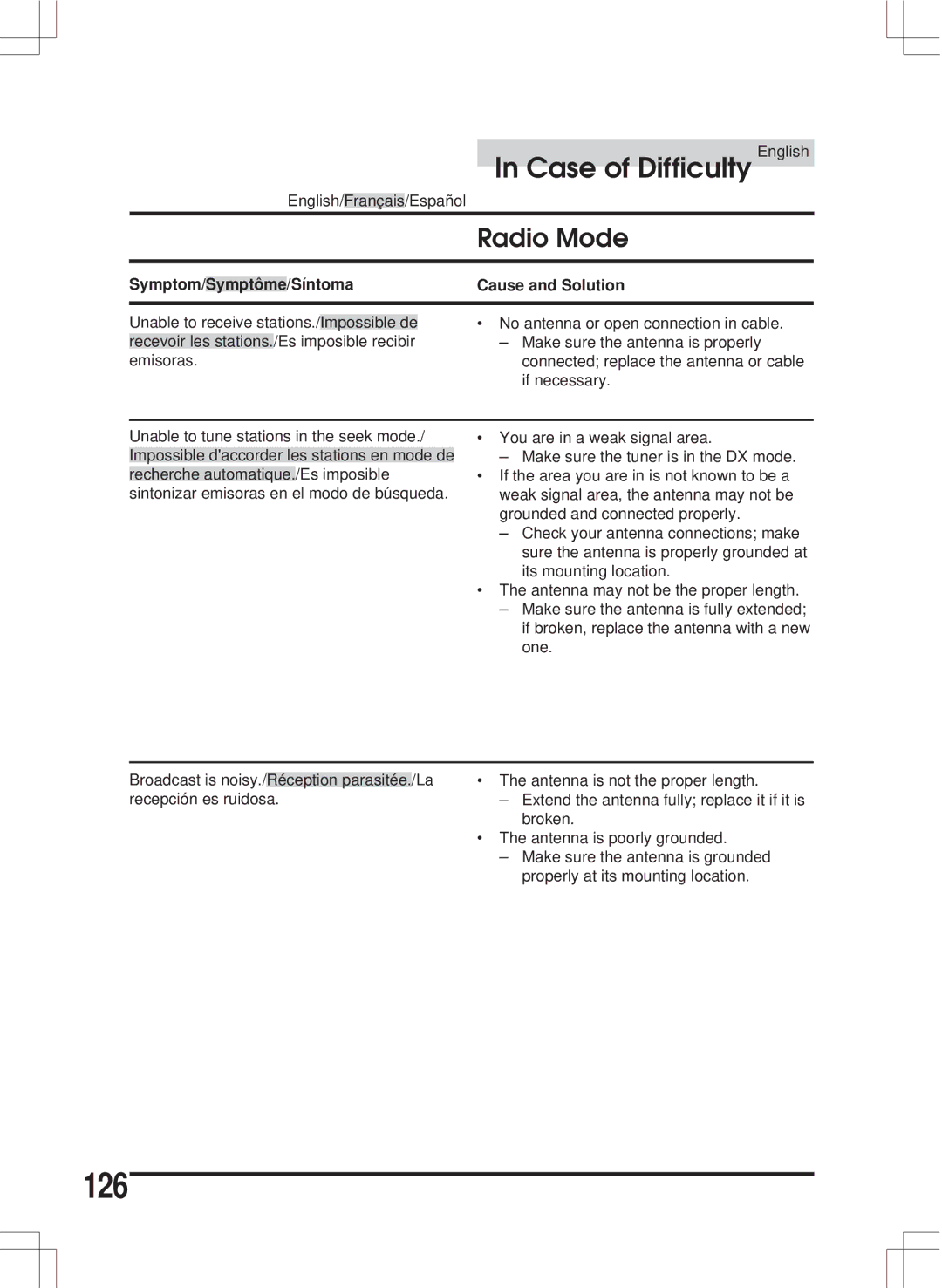 Alpine MDA-W890 owner manual 126, Radio Mode, Síntoma Cause and Solution 