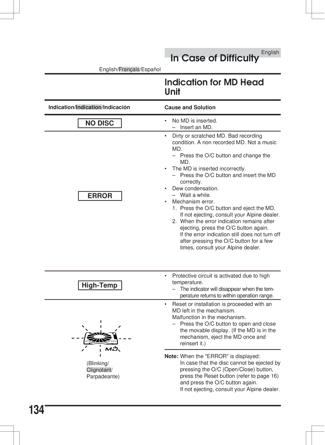 Alpine MDA-W890 owner manual 134, Indication for MD Head Unit 