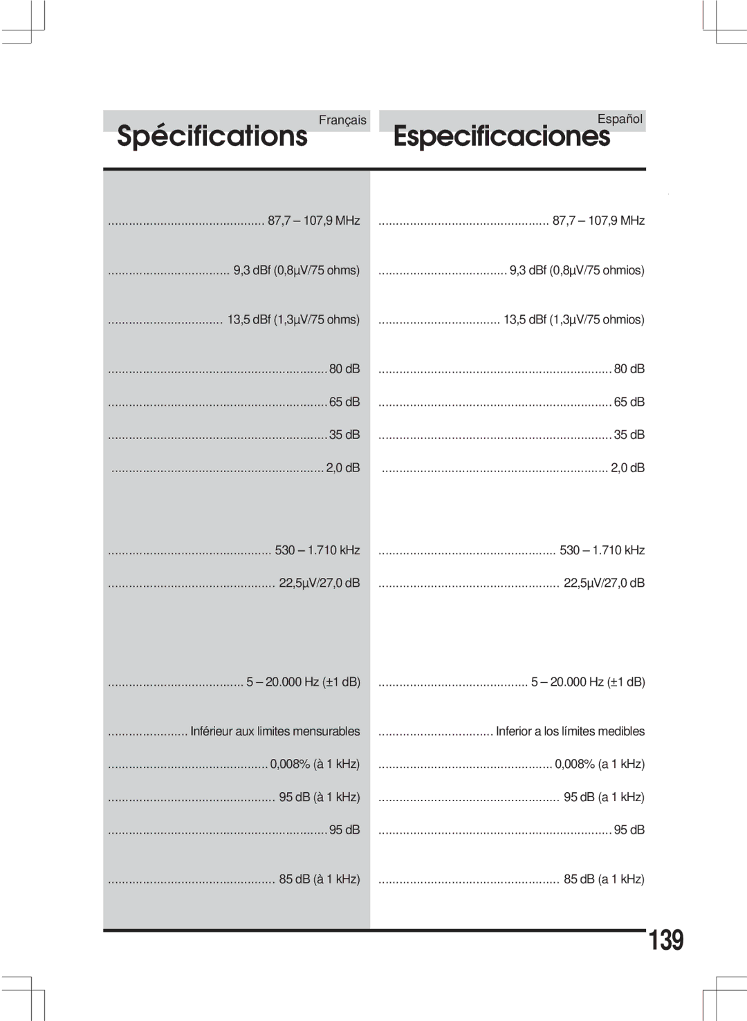 Alpine MDA-W890 owner manual Spécifications Especificaciones, 139 