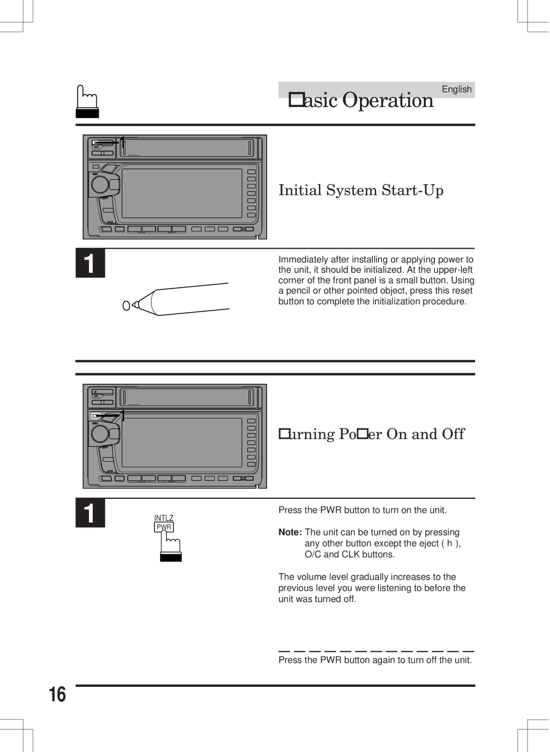 Alpine MDA-W890 owner manual Basic Operation English, Initial System Start-Up, Turning Power On and Off 