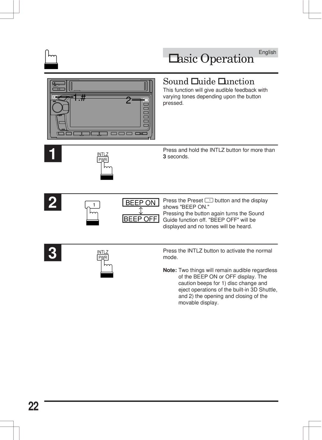 Alpine MDA-W890 owner manual Sound Guide Function, Beep on 