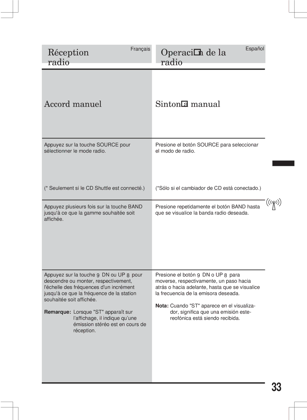 Alpine MDA-W890 owner manual Radio, Accord manuel Sintonía manual 