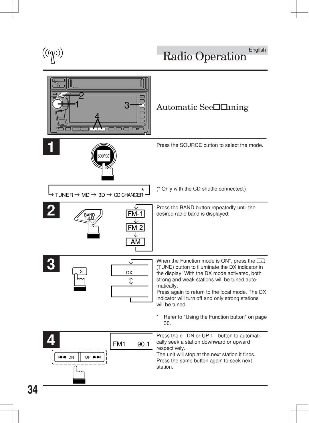 Alpine MDA-W890 owner manual Automatic Seek Tuning, When the Function mode is ON*, press 