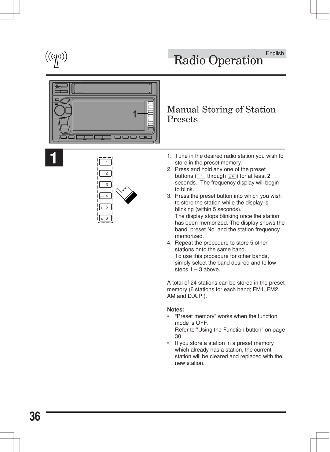 Alpine MDA-W890 owner manual Radio Operation English, Manual Storing of Station, Presets 